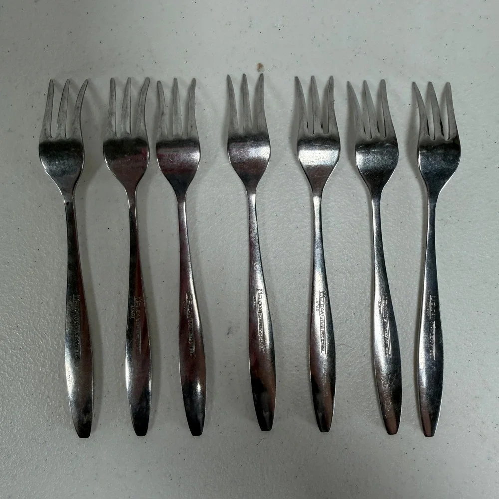 Eldan 6 Olive Cocktail Forks Set of 7 Rose Floral Embossed Japan Stainless Steel